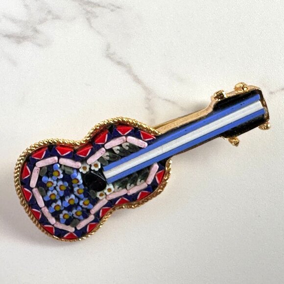 Vintage Micro Mosaic Guitar Brooch Italy Floral Design - Picture 5 of 5